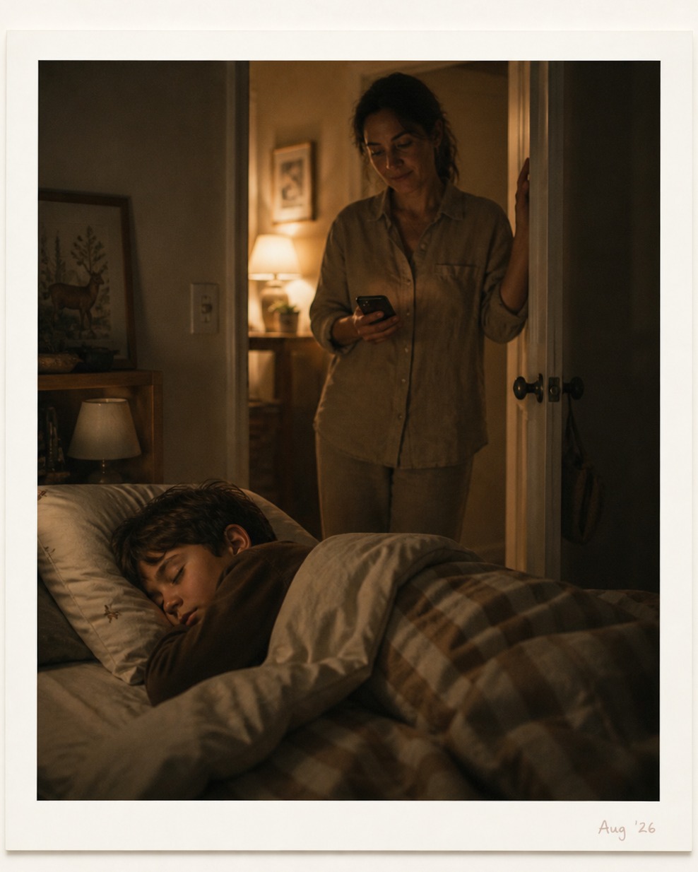 A sleeping child, parent silhouetted in the bedroom doorway.