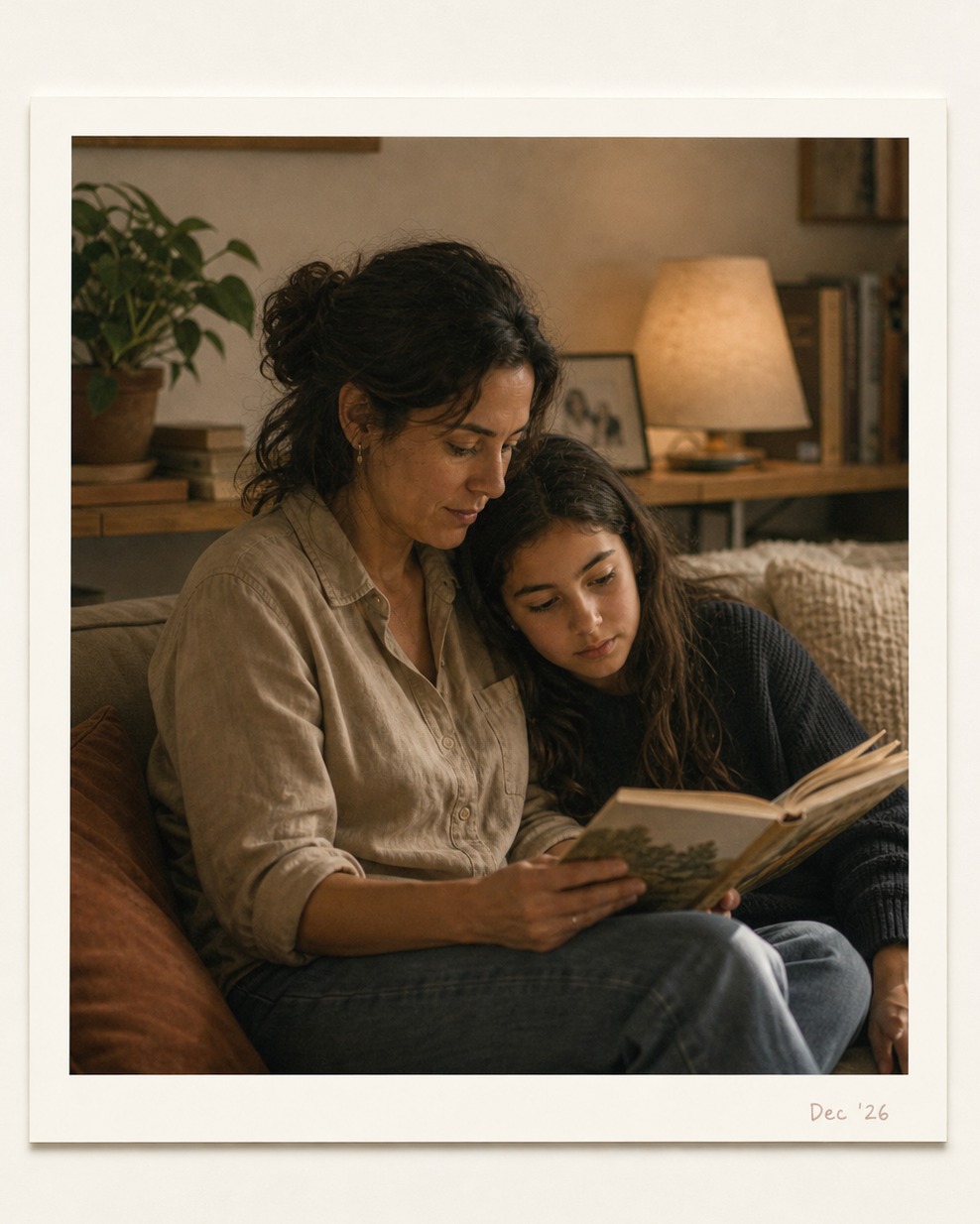 Maria reading with her daughter on the couch, late-afternoon light.