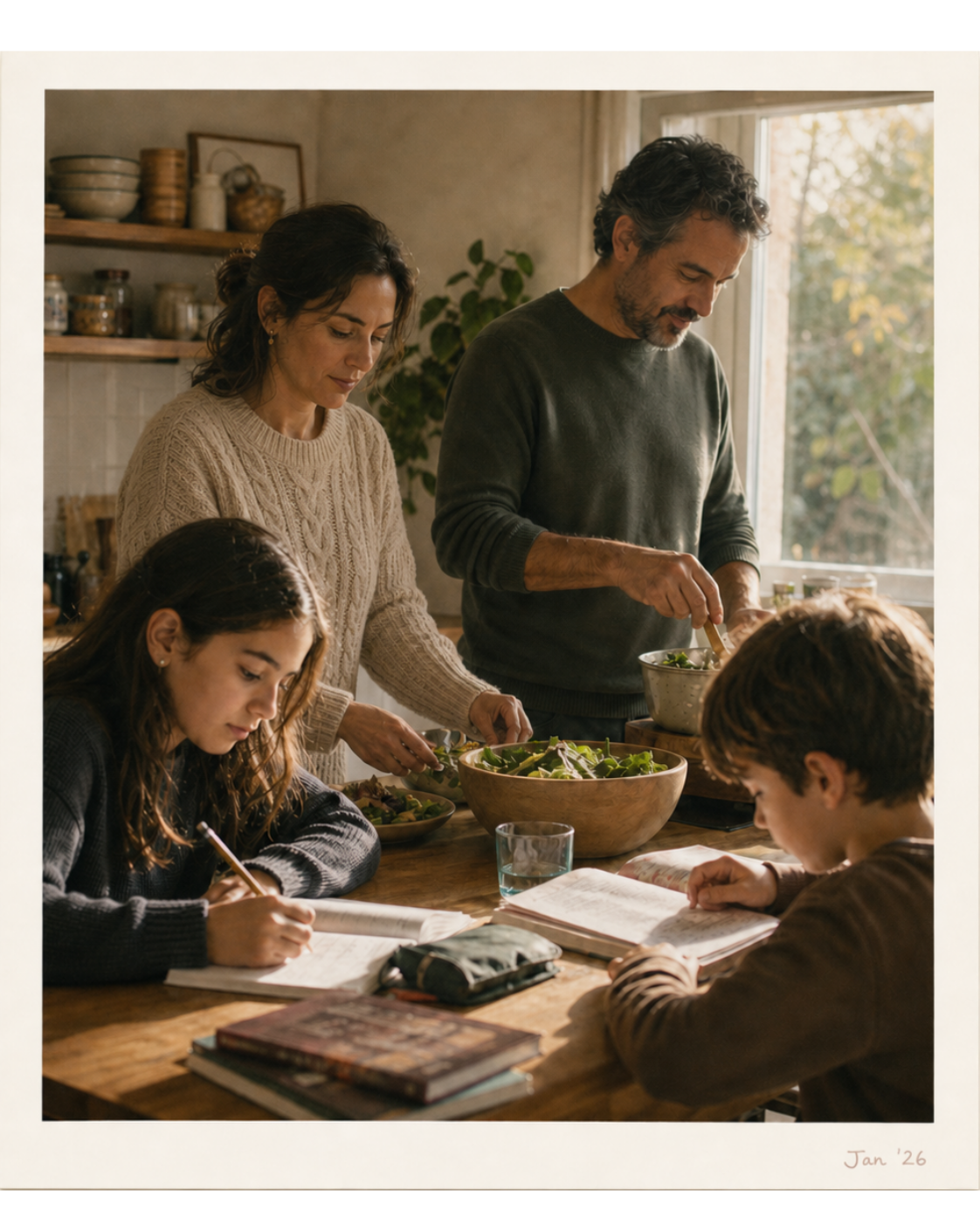 Maria and Daniel preparing dinner with their two kids at the kitchen table.
