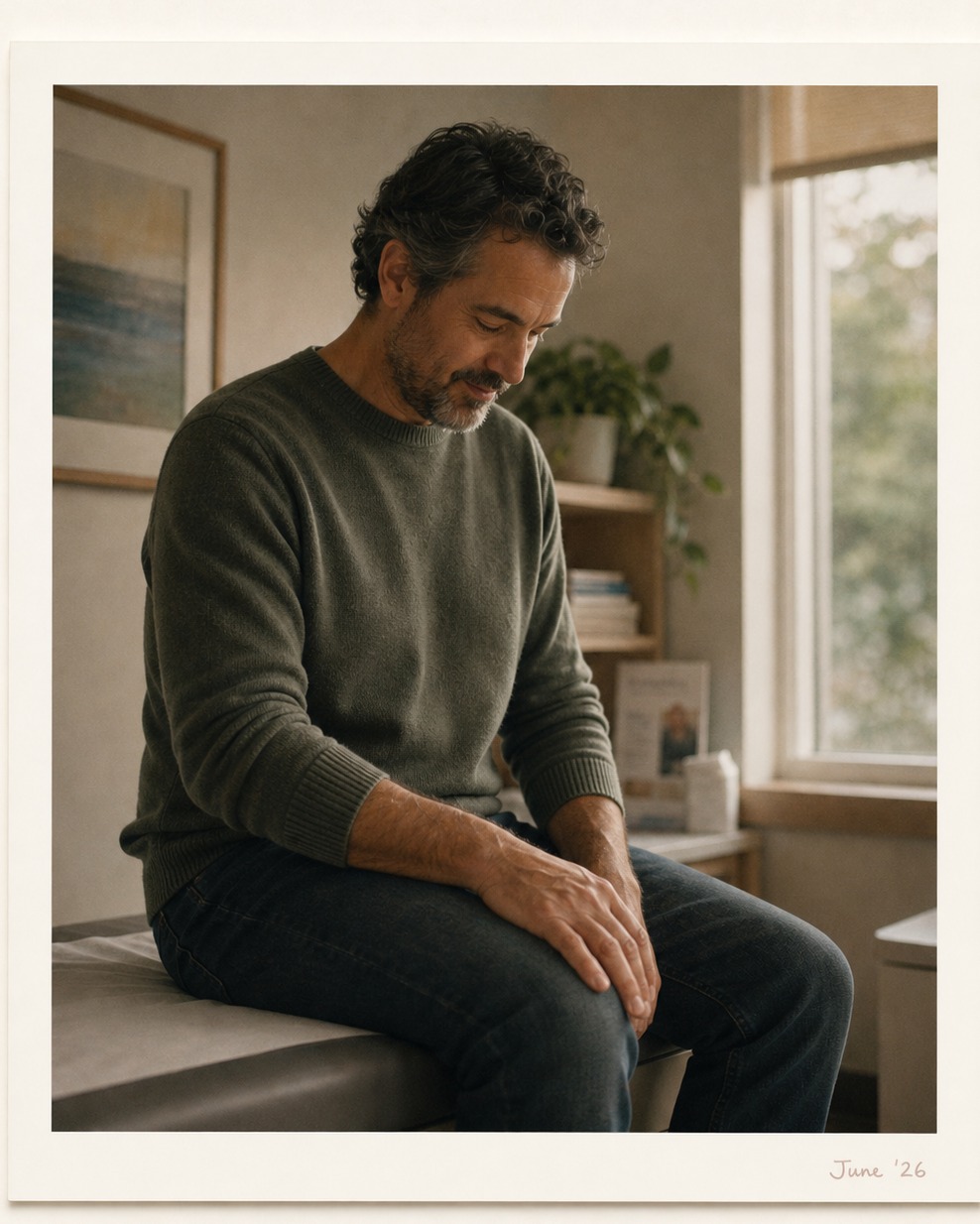 Daniel sitting on an exam table, hand resting on his knee.