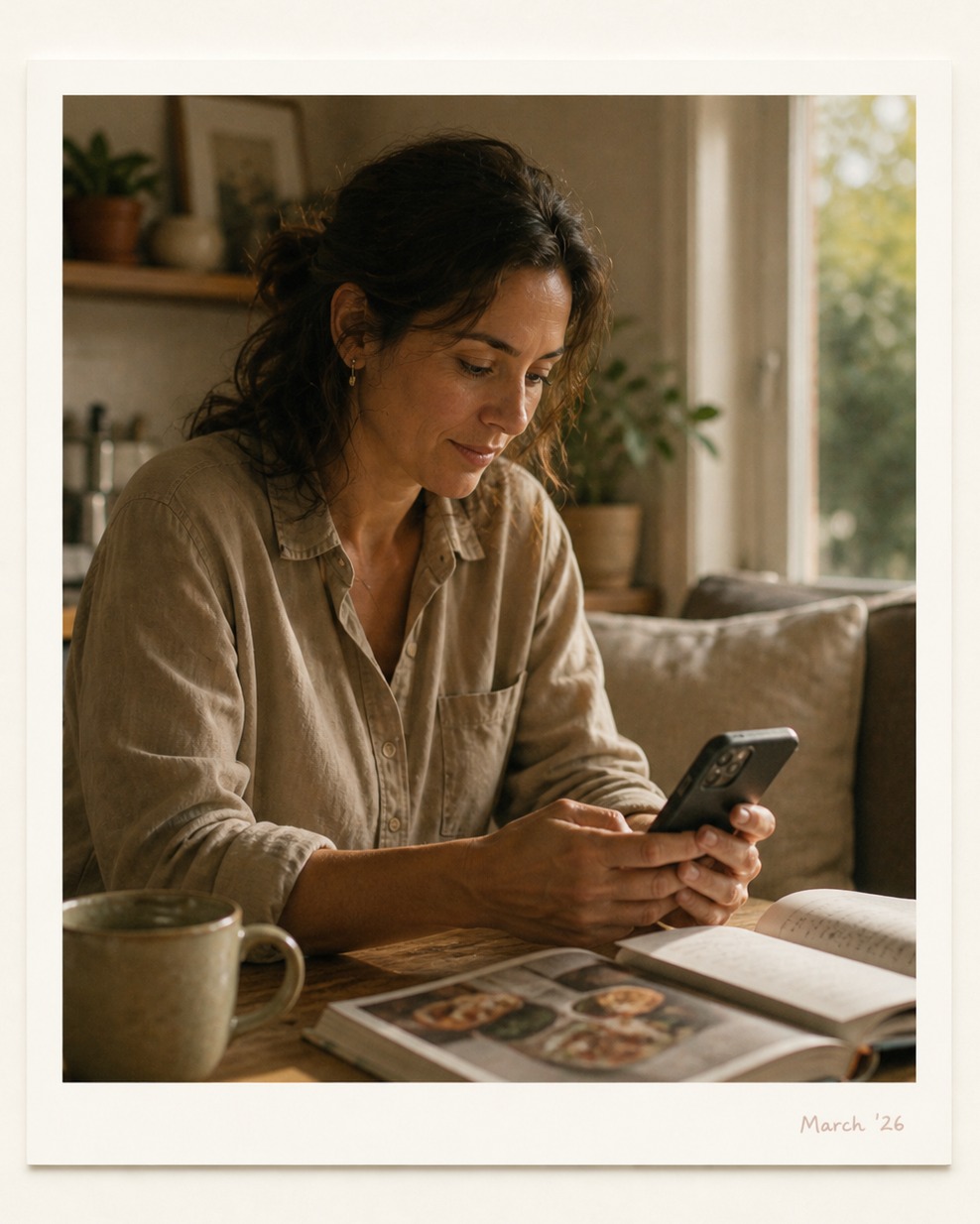 Maria reading her phone in a quiet domestic moment, soft window light.