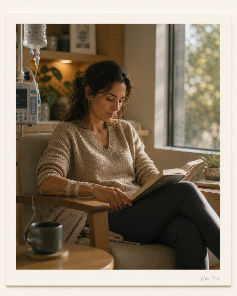 Maria in a calm, modern infusion chair, reading a book.